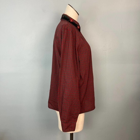 Karen Scott Red Green Plaid Velvet Trim Poinsettia Collar Button Up Shirt Size M - Picture 4 of 12